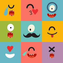 Emoticons vector pattern. Emoji cute cyclops square icons. Cute emoji colorfull illustration. Monsters, flat cartoon style. Face funny halloween backgound