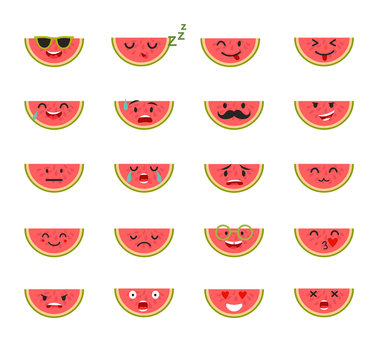 Emoticons food vector set. Emoji Watermelon with face. Cute emoji colorfull illustration. Watermelon, flat cartoon style