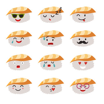 Emoticons sushi characters vector set. Funny sushi with cute faces emoticons. Happy sashimi with acne. Emoji flat cartoon style. Asian food