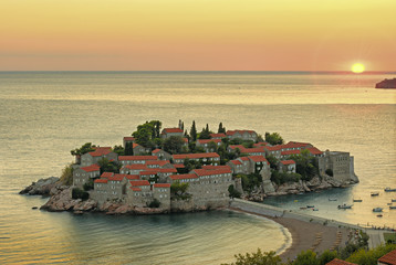 Dusk. View of the old town lit by lanterns.