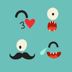 Emoticons vector template. Emoji funny cyclops face icons. Cute emoji template, cartoon style. Cute cyclops vector set. Cartoon funny emoticons. Monsters caracters, flat cartoon style.