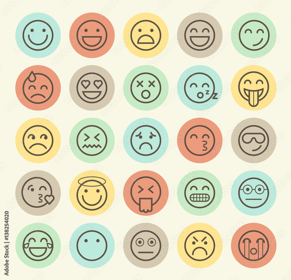 Poster set of isolated universal minimal simple thin line emoticons on circular color buttons