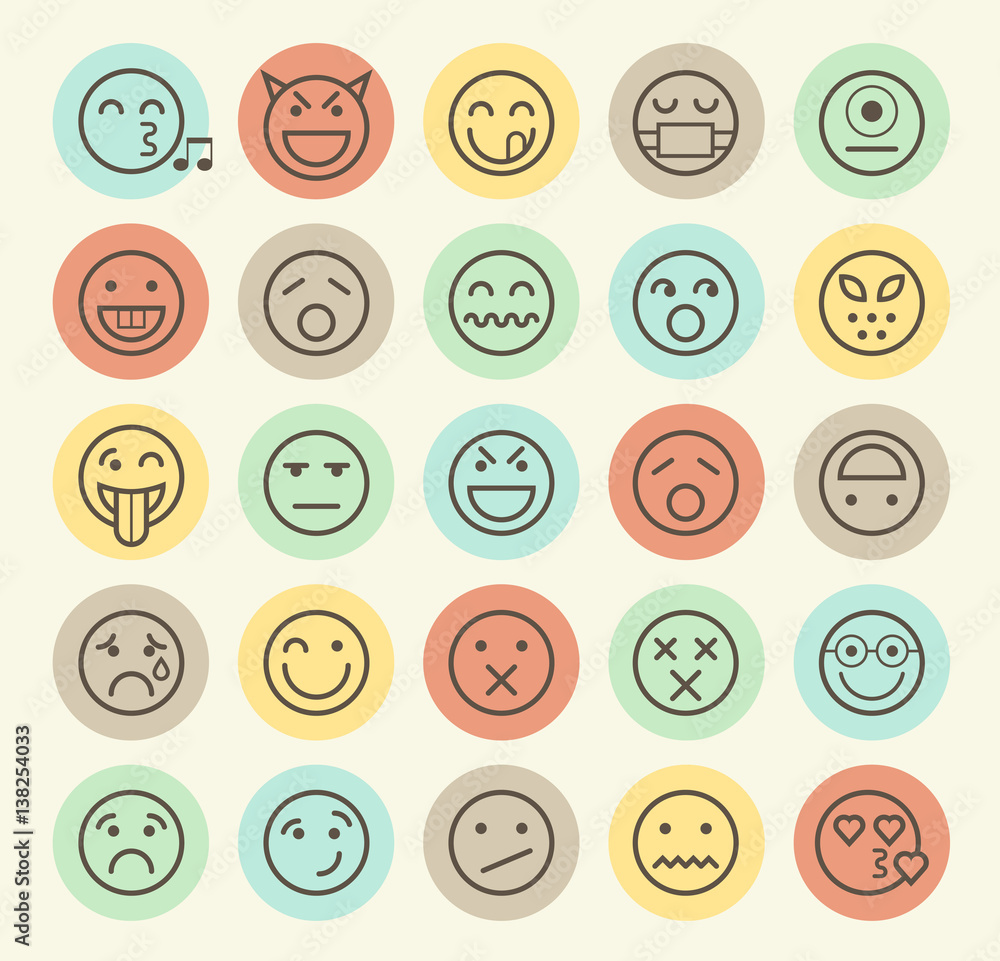 Poster set of isolated universal minimal simple thin line emoticons on circular color buttons
