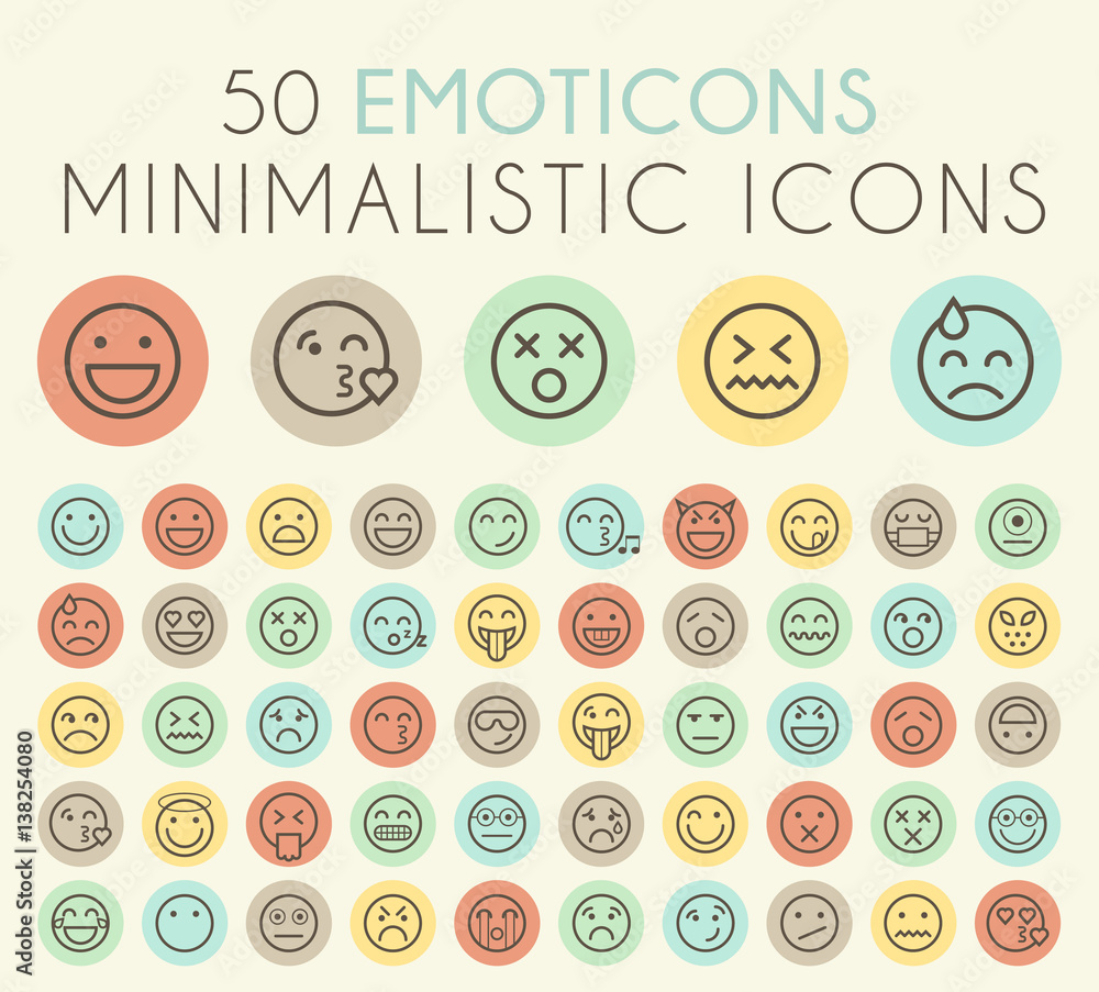 Poster set of isolated universal minimal simple thin line emoticons on circular color buttons