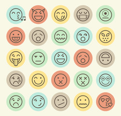 Set of Isolated Universal Minimal Simple Thin Line Emoticons on Circular Color Buttons