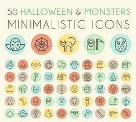 Set of Isolated Universal Minimal Simple Thin Line Halloween and Monster Icons on Circular Color Buttons