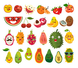 Fruit character vector set. Fruit face illustration. Emoticon food.Tropical fruits with human faces. Isolated on white background