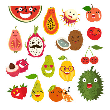 Emoticon vector cartoon fruit. Fruit character illustration. Cute funny stickers. Isolated on white background