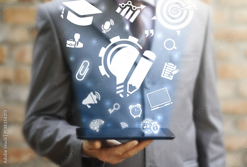 Aufkleber planning imagination business education tablet computer concept. bulb gear pencil icon. idea online 