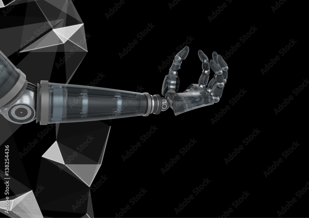 Poster composite image of robot hand against polygon graphic background
