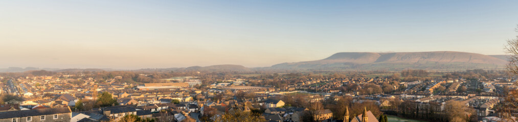 Panorama of Clitheroe taken from Clitheroe Castle with Pendle Hills in background