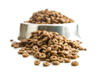 Dog food in metal bowl.