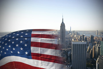 New York City skyline with urban skyscrapers and American Flag, conceptual idea, toned picture