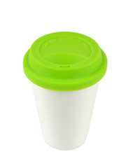 Container for coffee or hot drinks covered with its green lid, shot from above and isolated on white