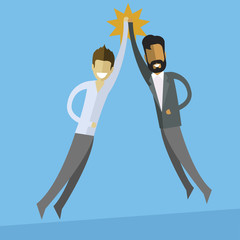 white and indian business men doing high five.