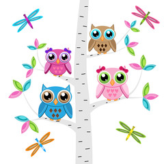 Vector set of a colorful owls and dragonflies at the tree