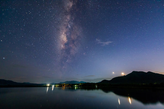 Milky way over reservoir with mountain night