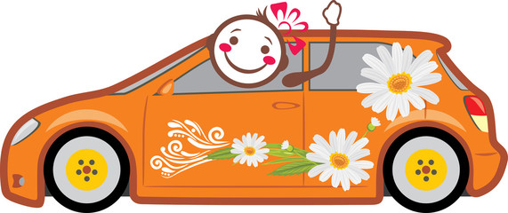 Orange car with daisies. Holiday delivery