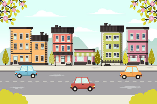 Urban Spring Landscape. Flat Design Style. © bubble86