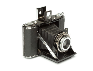Nice Old Vintage Photo Camera with Bellows, Isolated on White, Side view