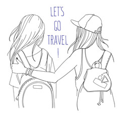 Vector line art illustration - travelers, backpackers, girls with backpacks, two friends traveling together - back view, with words 