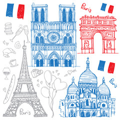 Set of hand drawn sketches of the famous landmarks of Paris, France - Eiffel Tower, Basilica of the Sacred Heart, Notre-Dame de Paris, Triumphal Arch. 