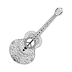 Hand drawn hippie acoustic guitar for anti stress colouring page.