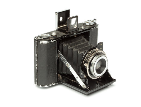 Nice Old Vintage Photo Camera with Bellows, Isolated on White, Side view
