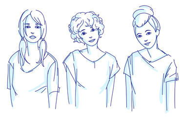 Fototapeta premium Portraits of three young girls in t-shirts. Hand drawn simple sketch. Vector illustration isolated on white background