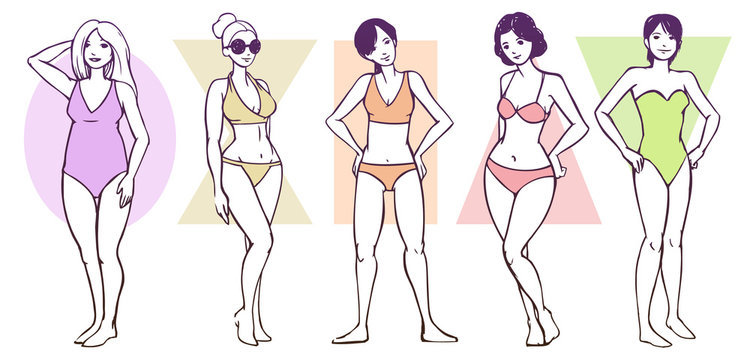 Set of Female Body Shape Types  - Apple / Rounded, Hourglass, Rectangle, Triangle / Pear, Inverted Triangle
