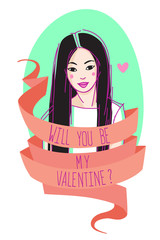 Cute Asian long haired girl's portrait with text 