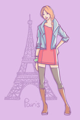 Vector fashion illustration. Top model in mini dress, stockings and jeans jacket standing and posing with Eiffel Tower on background