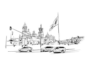 Mexico. Constitution Square.Cathedral of the Assumption of Mar. Hand drawn vector illustration.