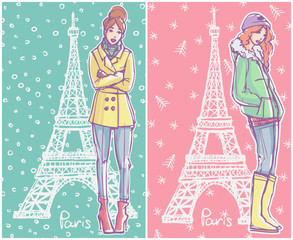 Fashion Illustration. Girls in winter season outfits standing and posing with Eiffel Tower on background.