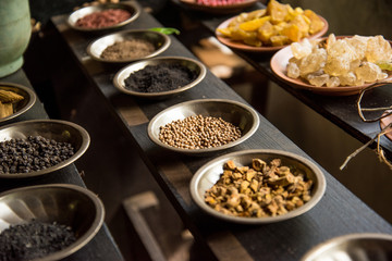 Top View of spices on metal dishes