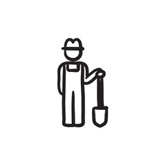 Farmer with shovel sketch icon.