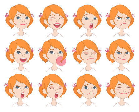 Cute red-haired girl with pigtails. Facial emotions and expressions set. Cartoon school kid avatars.
