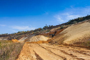Sand quarry near the town of Orikhiv in Zaporizhzhia region of Ukraine. Excavator  electric power shovel  with bucket capacity of five cubic meters. September 2006