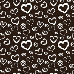 Black and white grunge hearts print seamless pattern, vector background