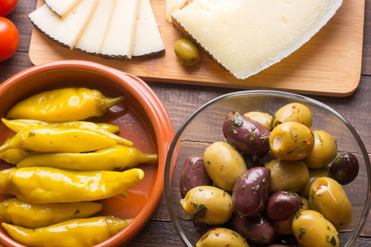 Top view of spanish tapas starters