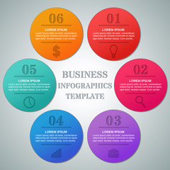 Infographics circle template 6 options, parts, steps. Infographic business concept with icons. Elements for brochure, web design. Vector layout for text. Info graphic data.