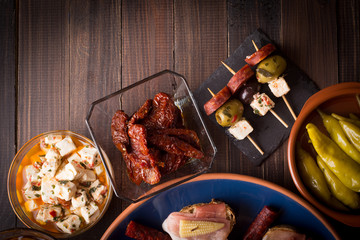 Top view of spanish tapas starters
