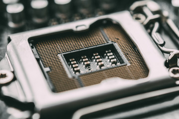 Socket for processor or cpu, macro photo. Electronic computer hardware technolog