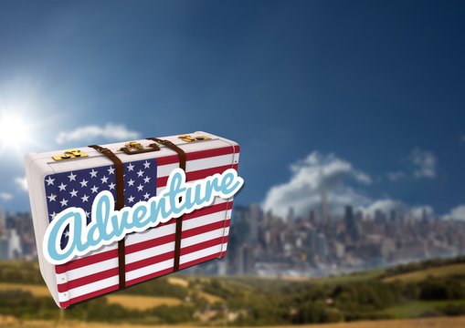 American Flag Luggage against mountain background