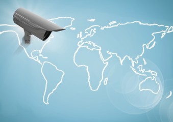 Fototapeta premium Composite image of Security camera against blue map background 
