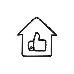 Thumb up in house sketch icon.