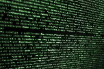 Internet concept, javascript code. Language web pages, computers, network, web. Black background with green text like old CRT monitors, matrix style.