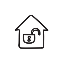 House with open lock sketch icon.