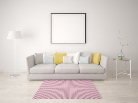 Mock up poster with a compact sofa against a white wall.
