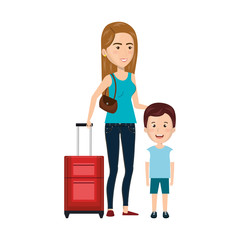 cartoon woman with travel briefcase and boy vector illustration